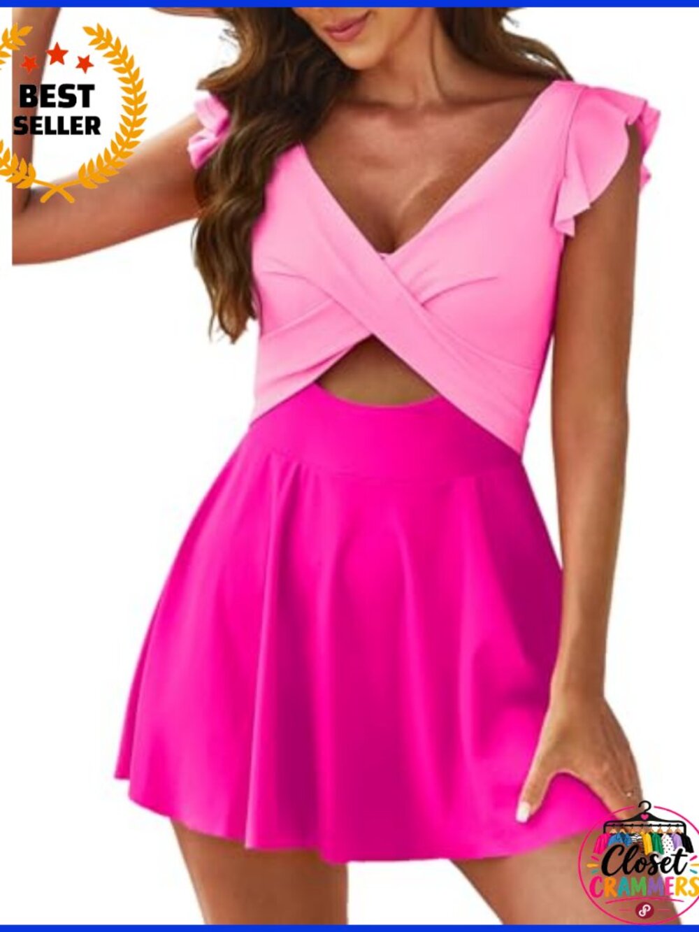 One Piece Swimdress Tummy Control V Neck Ruffle Swimsuit with Built-In Shorts